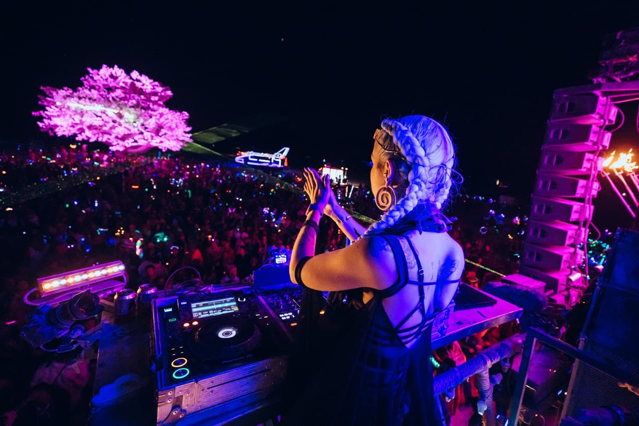 A DJ with braided hair performs on a stage at night, facing a large crowd illuminated by vibrant neon lights and a glowing pink tree.